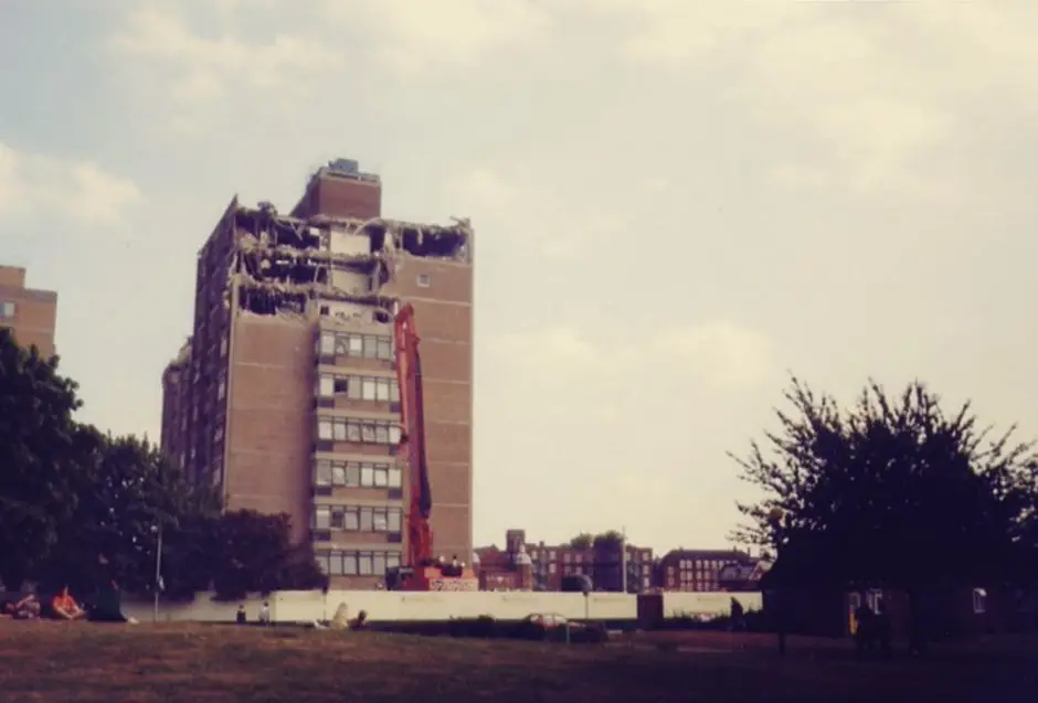 Machinery positioned for building demolition